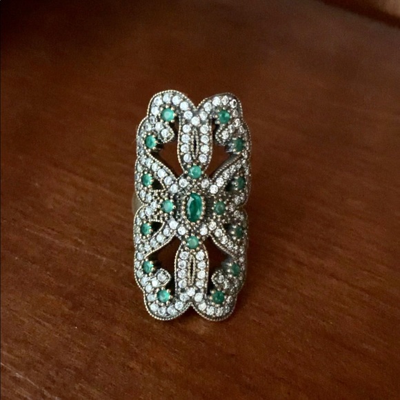 Long Emerald Topaz Silver Antique Style Ring Size 8 - Picture 6 of 10